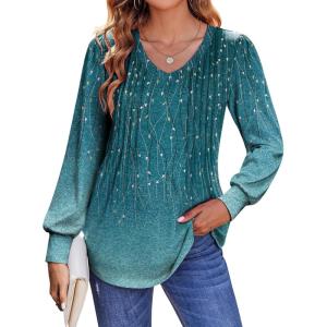 imageZeagoo Womens Puff Long Sleeve Shirts Pleated V Neck Fall Tunic Tops Blouse Dressy Casual Loose Summer TShirtsXh363