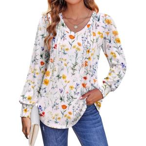 imageZeagoo Womens Puff Long Sleeve Shirts Pleated V Neck Fall Tunic Tops Blouse Dressy Casual Loose Summer TShirtsXh403