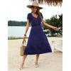 imageZeagoo Womens Summer Casual Dress Flutter Short Sleeve V Neck Button Down Tiered Flowy Long Dress with PocketsNavy Blue