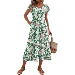 imageZeagoo Womens Summer Casual Dress Flutter Short Sleeve V Neck Button Down Tiered Flowy Long Dress with PocketsFloral2