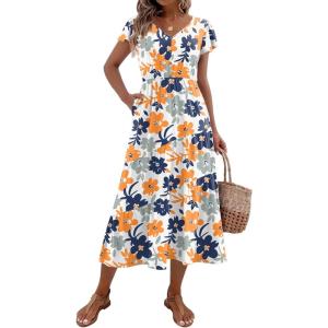 imageZeagoo Womens Summer Casual Dress Flutter Short Sleeve V Neck Button Down Tiered Flowy Long Dress with PocketsFloral3