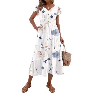 imageZeagoo Womens Summer Casual Dress Flutter Short Sleeve V Neck Button Down Tiered Flowy Long Dress with PocketsFloralbf112
