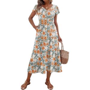imageZeagoo Womens Summer Casual Dress Flutter Short Sleeve V Neck Button Down Tiered Flowy Long Dress with PocketsFloralbf157