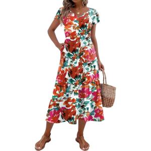 imageZeagoo Womens Summer Casual Dress Flutter Short Sleeve V Neck Button Down Tiered Flowy Long Dress with PocketsFloraldh14