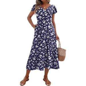 imageZeagoo Womens Summer Casual Dress Flutter Short Sleeve V Neck Button Down Tiered Flowy Long Dress with PocketsFloralxh445