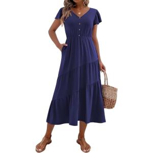imageZeagoo Womens Summer Casual Dress Flutter Short Sleeve V Neck Button Down Tiered Flowy Long Dress with PocketsNavy Blue