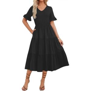 imageZeagoo Womens Summer Dresses Midi Tiered Casual Dress Floral V Neck Ruffle Short Sleeve Flowy Beach Dress with PocketsBlack