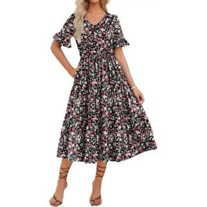 imageZeagoo Womens Summer Dresses Midi Tiered Casual Dress Floral V Neck Ruffle Short Sleeve Flowy Beach Dress with PocketsBlack Pink Floral