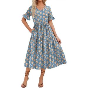 imageZeagoo Womens Summer Dresses Midi Tiered Casual Dress Floral V Neck Ruffle Short Sleeve Flowy Beach Dress with PocketsBlue Orange Floral