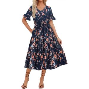 imageZeagoo Womens Summer Dresses Midi Tiered Casual Dress Floral V Neck Ruffle Short Sleeve Flowy Beach Dress with PocketsNavy Blue Floral