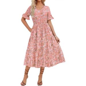 imageZeagoo Womens Summer Dresses Midi Tiered Casual Dress Floral V Neck Ruffle Short Sleeve Flowy Beach Dress with PocketsPink Floral