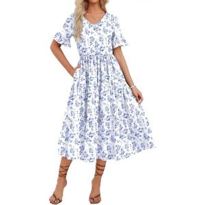 imageZeagoo Womens Summer Dresses Midi Tiered Casual Dress Floral V Neck Ruffle Short Sleeve Flowy Beach Dress with PocketsWhite Floral