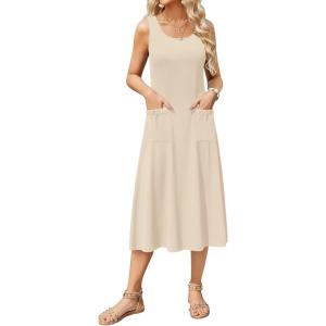 imageZeagoo Womens Summer Sleeveless Dress Floral Beach Sundress Casual Crewneck High Waist ALine Midi Tank Dresses with PocketsBeigewa
