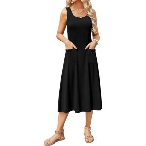 imageZeagoo Womens Summer Sleeveless Dress Floral Beach Sundress Casual Crewneck High Waist ALine Midi Tank Dresses with PocketsBlack
