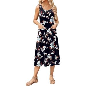 imageZeagoo Womens Summer Sleeveless Dress Floral Beach Sundress Casual Crewneck High Waist ALine Midi Tank Dresses with PocketsBlack Floralpa104
