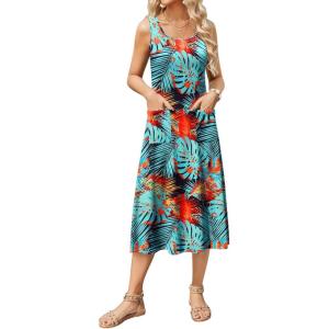 imageZeagoo Womens Summer Sleeveless Dress Floral Beach Sundress Casual Crewneck High Waist ALine Midi Tank Dresses with PocketsBlue Floral Leafpa116