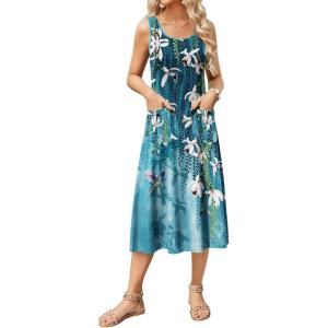 imageZeagoo Womens Summer Sleeveless Dress Floral Beach Sundress Casual Crewneck High Waist ALine Midi Tank Dresses with PocketsBlue Floralzw89