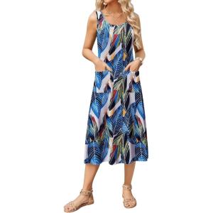 imageZeagoo Womens Summer Sleeveless Dress Floral Beach Sundress Casual Crewneck High Waist ALine Midi Tank Dresses with PocketsBlue Leafzw647
