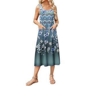 imageZeagoo Womens Summer Sleeveless Dress Floral Beach Sundress Casual Crewneck High Waist ALine Midi Tank Dresses with PocketsGreen Floral 02mz777