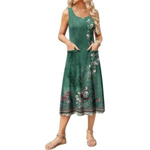 imageZeagoo Womens Summer Sleeveless Dress Floral Beach Sundress Casual Crewneck High Waist ALine Midi Tank Dresses with PocketsGreen Floralpa171