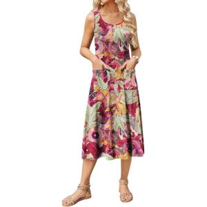 imageZeagoo Womens Summer Sleeveless Dress Floral Beach Sundress Casual Crewneck High Waist ALine Midi Tank Dresses with PocketsGreen Leafzw392