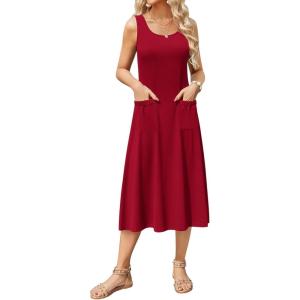 imageZeagoo Womens Summer Sleeveless Dress Floral Beach Sundress Casual Crewneck High Waist ALine Midi Tank Dresses with PocketsRedtr
