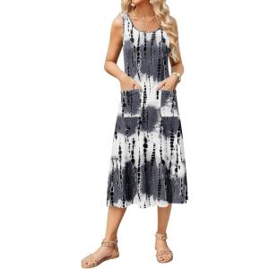 imageZeagoo Womens Summer Sleeveless Dress Floral Beach Sundress Casual Crewneck High Waist ALine Midi Tank Dresses with PocketsWhiteblack Patternzr231