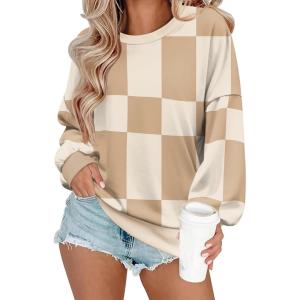 imageZeagoo Women Crewneck Sweatshirts Pullover Tops Long Sleeve Shirts Loose Fit Tops Casual Fall Outfits Y2K Clothes 2024Khakiplaid