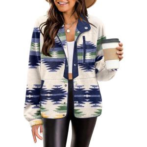 imageZeagoo Womens Cozy Fleece Jacket Western Aztec Print Button Down Coat with Pockets Casual Warm Outwear 2024Blue