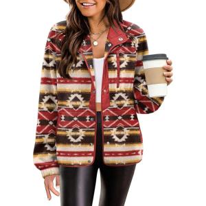 imageZeagoo Womens Cozy Fleece Jacket Western Aztec Print Button Down Coat with Pockets Casual Warm Outwear 2024Dark Pink