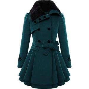 imageZeagoo Womens Fashion Faux Fur Lapel DoubleBreasted Thick Wool Trench Coat Winter Warm Jacket S2XLBlue Green