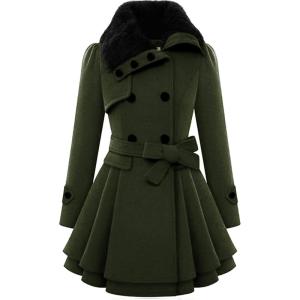 imageZeagoo Womens Fashion Faux Fur Lapel DoubleBreasted Thick Wool Trench Coat Winter Warm Jacket S2XLNewarmy Green