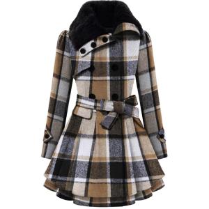 imageZeagoo Womens Fashion Faux Fur Lapel DoubleBreasted Thick Wool Trench Coat Winter Warm Jacket S2XLNewbrown Tartan
