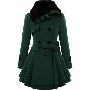 imageZeagoo Womens Fashion Faux Fur Lapel DoubleBreasted Thick Wool Trench Coat Winter Warm Jacket S2XLNewdark Green