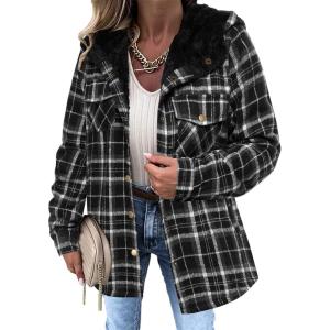 imageZeagoo Womens Plaid Shacket Jacket Long Sleeve Button Down Fleece Hooded Jackets Warm CoatBlack