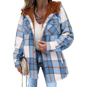 imageZeagoo Womens Plaid Shacket Jacket Long Sleeve Button Down Fleece Hooded Jackets Warm CoatBlue
