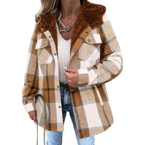 imageZeagoo Womens Plaid Shacket Jacket Long Sleeve Button Down Fleece Hooded Jackets Warm CoatBrown