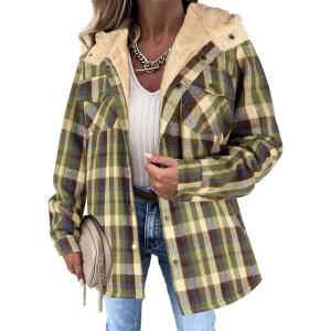 imageZeagoo Womens Plaid Shacket Jacket Long Sleeve Button Down Fleece Hooded Jackets Warm CoatGreen