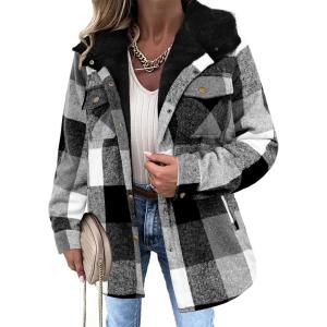 imageZeagoo Womens Plaid Shacket Jacket Long Sleeve Button Down Fleece Hooded Jackets Warm CoatGrey Black