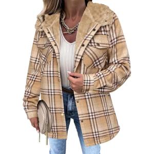 imageZeagoo Womens Plaid Shacket Jacket Long Sleeve Button Down Fleece Hooded Jackets Warm CoatKhaki