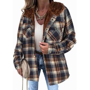 imageZeagoo Womens Plaid Shacket Jacket Long Sleeve Button Down Fleece Hooded Jackets Warm CoatNavy Blue