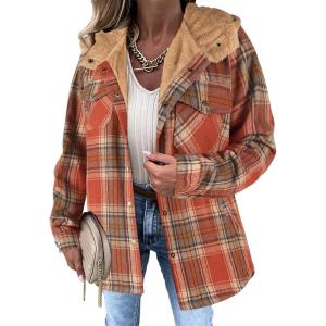 imageZeagoo Womens Plaid Shacket Jacket Long Sleeve Button Down Fleece Hooded Jackets Warm CoatOrange