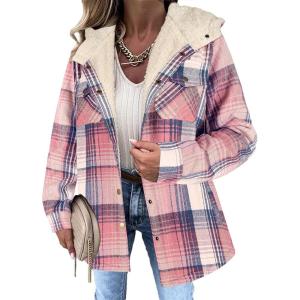 imageZeagoo Womens Plaid Shacket Jacket Long Sleeve Button Down Fleece Hooded Jackets Warm CoatPink