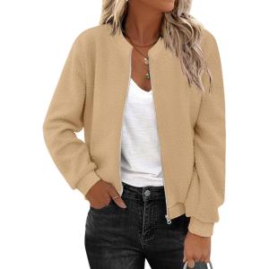 imageZeagoo Womens Sherpa Fleece Jacket Long Sleeve Faux Fuzzy Casual Zip Up Bomber Coat With Pocket SXXLKhaki