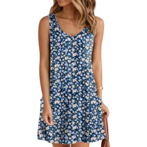 imageZeagoo Womens Summer Dress 2025 Loose V Neck Sleeveless Sundresses Swimsuit Coverup with Pockets Floral Tank DressesBlue Floralprinted