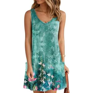 imageZeagoo Womens Summer Dress 2025 Loose V Neck Sleeveless Sundresses Swimsuit Coverup with Pockets Floral Tank DressesGreen Floralprinted