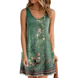imageZeagoo Womens Summer Dress 2025 Loose V Neck Sleeveless Sundresses Swimsuit Coverup with Pockets Floral Tank DressesGreenprinted