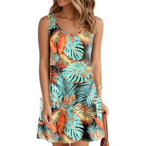 imageZeagoo Womens Summer Dress 2025 Loose V Neck Sleeveless Sundresses Swimsuit Coverup with Pockets Floral Tank DressesLeafprinted