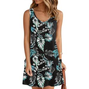 imageZeagoo Womens Summer Dress 2025 Loose V Neck Sleeveless Sundresses Swimsuit Coverup with Pockets Floral Tank DressesLeafprinted2