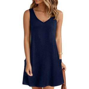 imageZeagoo Womens Summer Dress 2025 Loose V Neck Sleeveless Sundresses Swimsuit Coverup with Pockets Floral Tank DressesNavy Blue